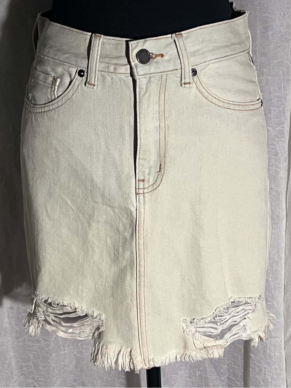 JBD Cream Distressed Denim Mini Skirt